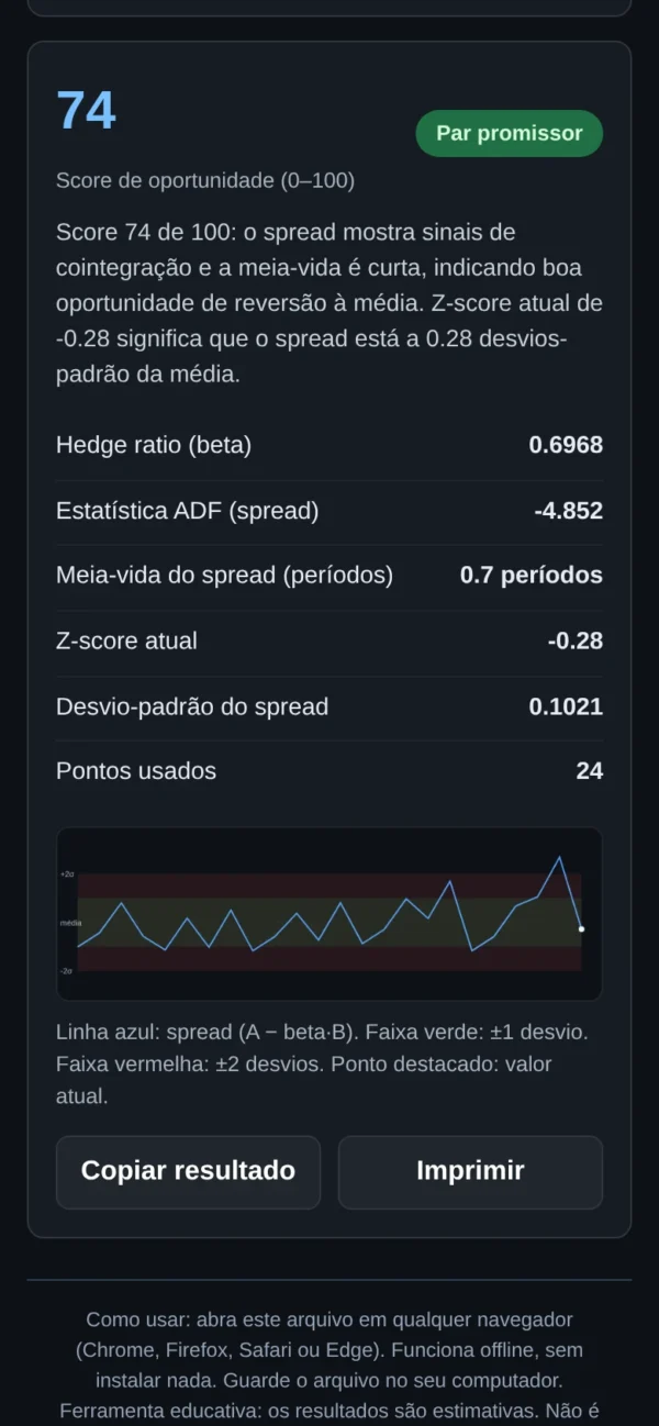 Cointegrated Pairs Calculator — Statistical Arbitrage Score: result on a mobile screen