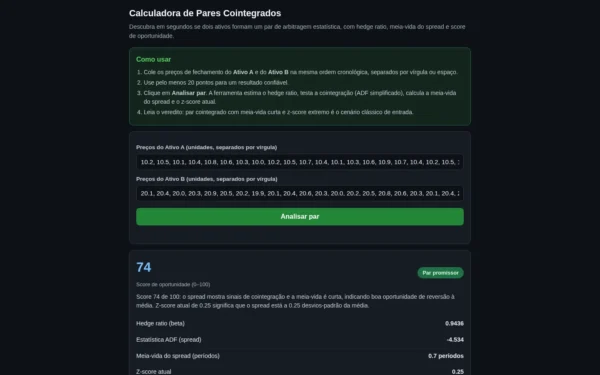 Calculadora de Pares Cointegrados — Score de Arbitragem Estatística: tela inicial no computador
