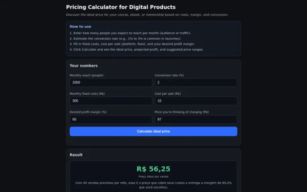 Pricing Calculator for Digital Products — Find the Ideal Price for Your Course or Ebook: start screen on desktop