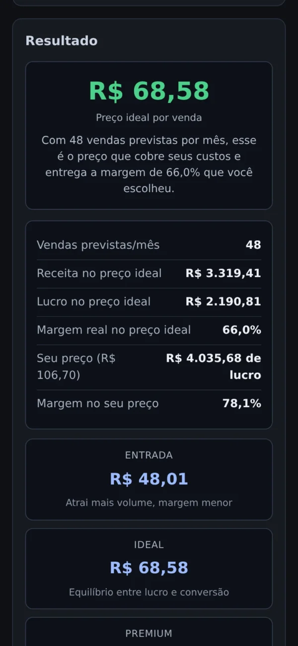 Calculadora de Precio para Infoproducto — Descubre el Precio Ideal de Tu Curso o Ebook: resultado en la pantalla del celular