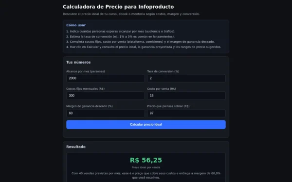 Calculadora de Precio para Infoproducto — Descubre el Precio Ideal de Tu Curso o Ebook: pantalla inicial en la computadora