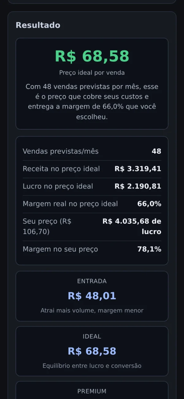 Calculadora de Preço para Infoproduto — Descubra o Preço Ideal do Seu Curso ou Ebook: resultado na tela do celular