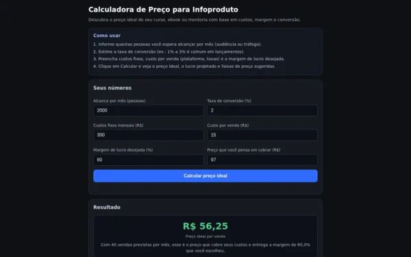 Calculadora de Preço para Infoproduto — Descubra o Preço Ideal do Seu Curso ou Ebook: tela inicial no computador