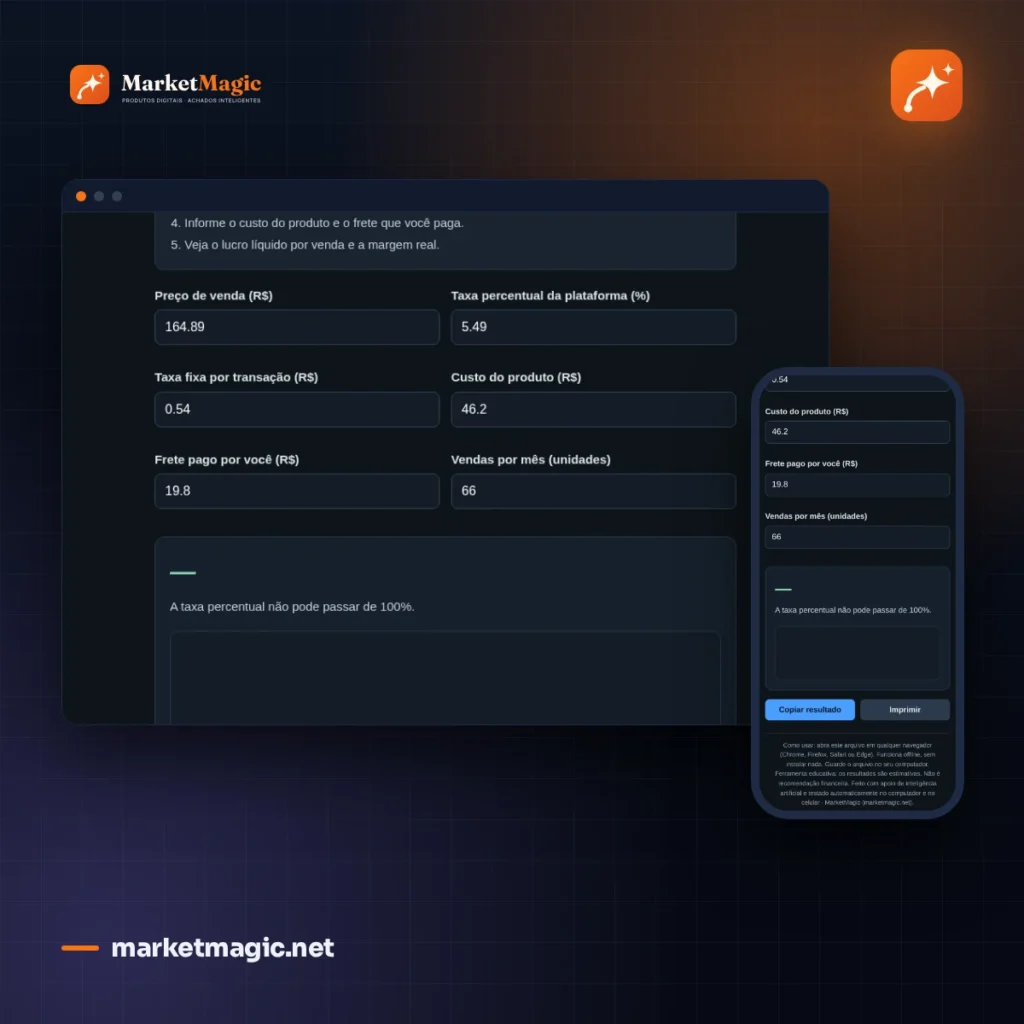 Calculadora de Lucro Real por Venda — Descubra Quanto Sobra Depois de Taxas e Custos · MarketMagic