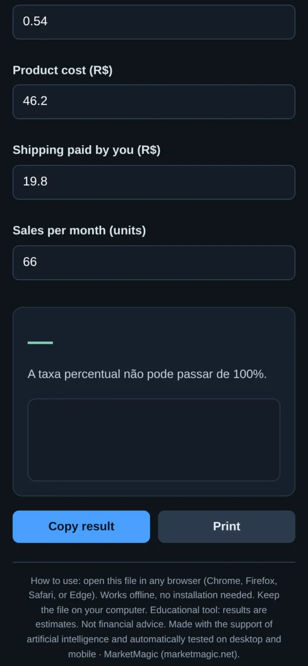 Real Profit Per Sale Calculator — Find Out What's Left After Fees and Costs: result on a mobile screen