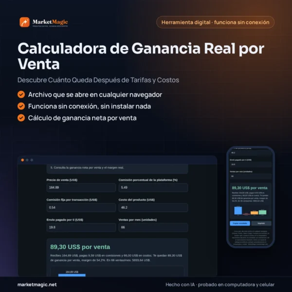 Calculadora de Ganancia Real por Venta — Descubre Cuánto Queda Después de Tarifas y Costos — portada del producto en MarketMagic