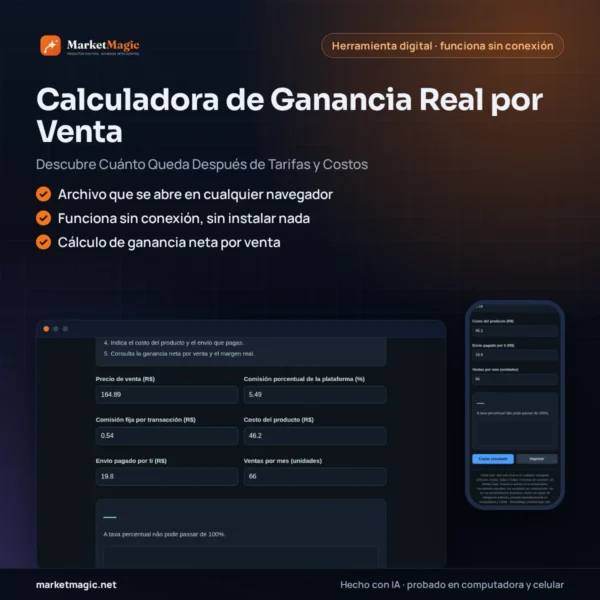 Calculadora de Ganancia Real por Venta — Descubre Cuánto Queda Después de Tarifas y Costos — portada del producto en MarketMagic
