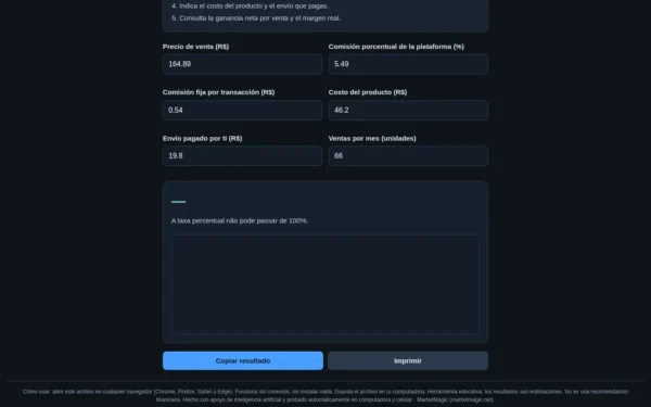 Calculadora de Ganancia Real por Venta — Descubre Cuánto Queda Después de Tarifas y Costos: resultado calculado en la computadora