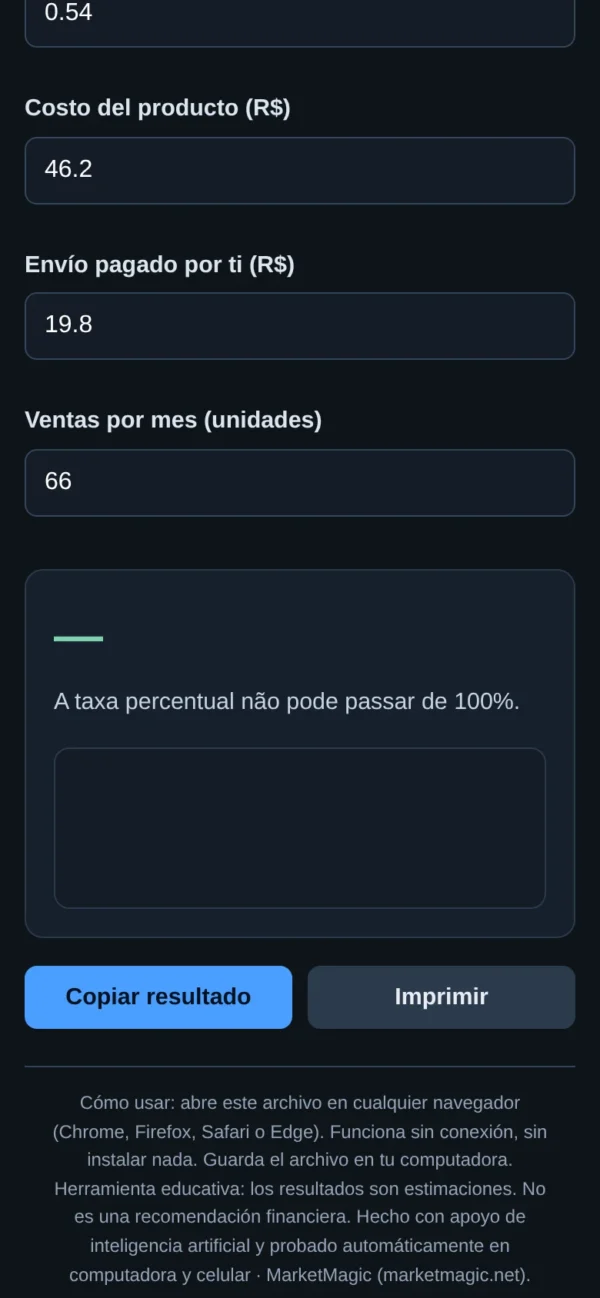 Calculadora de Ganancia Real por Venta — Descubre Cuánto Queda Después de Tarifas y Costos: resultado en la pantalla del celular