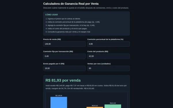 Calculadora de Ganancia Real por Venta — Descubre Cuánto Queda Después de Tarifas y Costos: pantalla inicial en la computadora