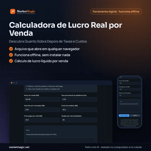 Calculadora de Lucro Real por Venda — Descubra Quanto Sobra Depois de Taxas e Custos — capa do produto na MarketMagic