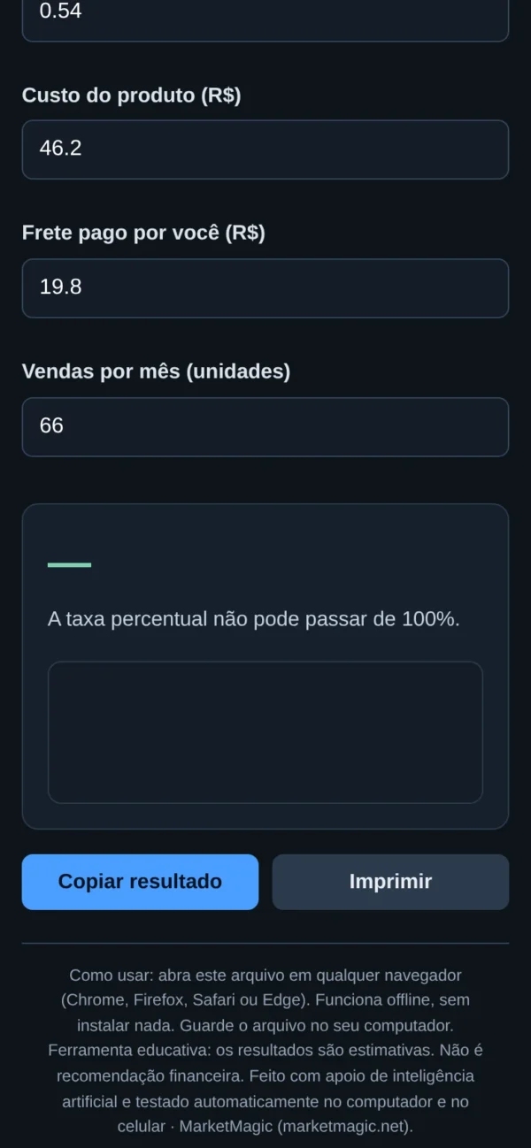 Calculadora de Lucro Real por Venda — Descubra Quanto Sobra Depois de Taxas e Custos: resultado na tela do celular
