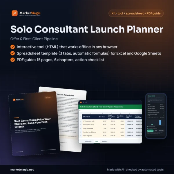 Solo Consultant Launch Planner: Offer & First-Client Pipeline — product cover at MarketMagic