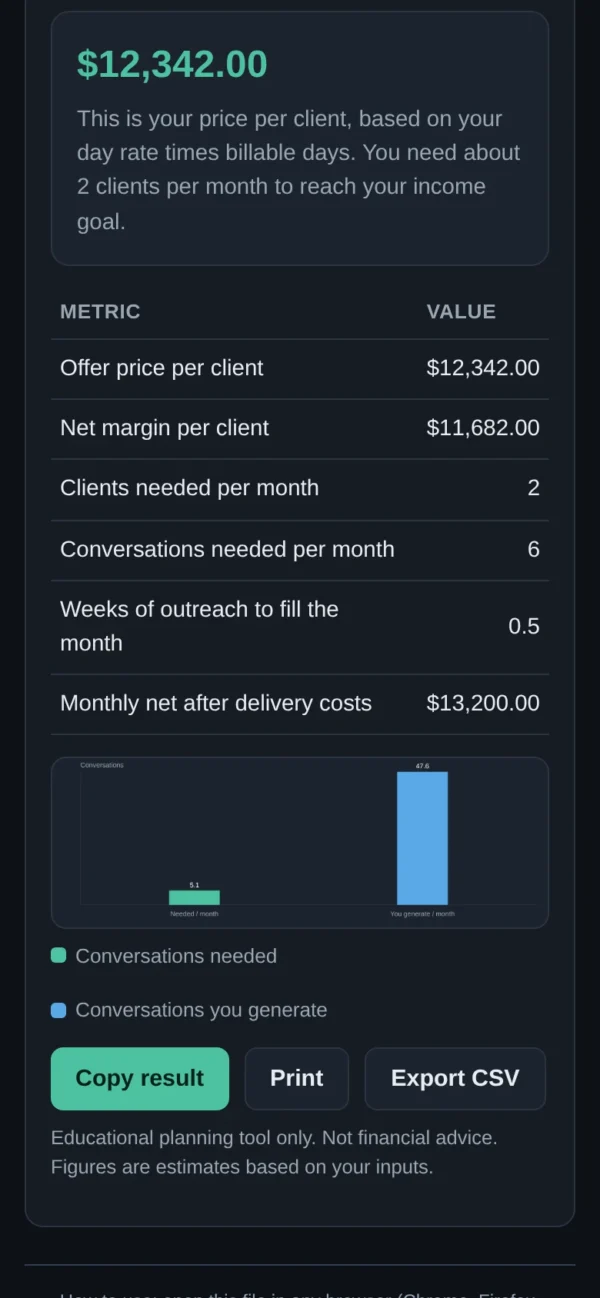 Solo Consultant Launch Planner: Offer & First-Client Pipeline: result on a mobile screen