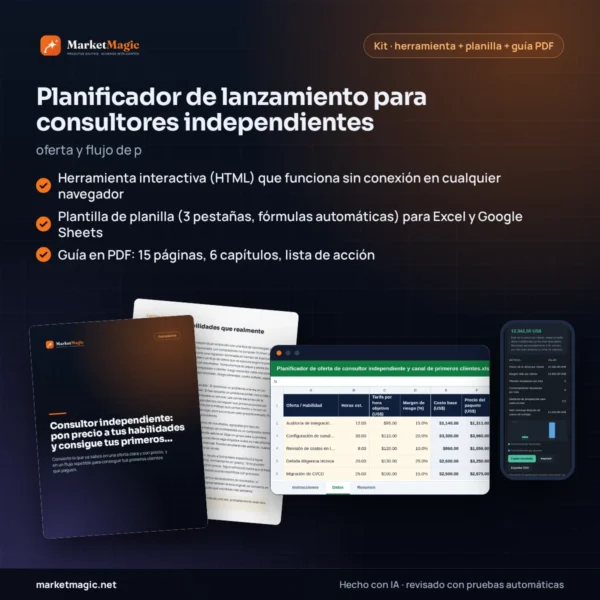Planificador de lanzamiento para consultores independientes: oferta y flujo de p — portada del producto en MarketMagic