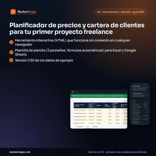Planificador de precios y cartera de clientes para tu primer proyecto freelance — portada del producto en MarketMagic