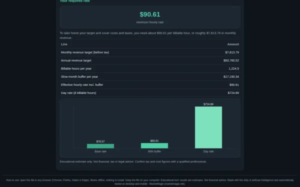 Freelance Rate Calculator — Cover Your Time, Tools and Slow Months: calculated result on desktop