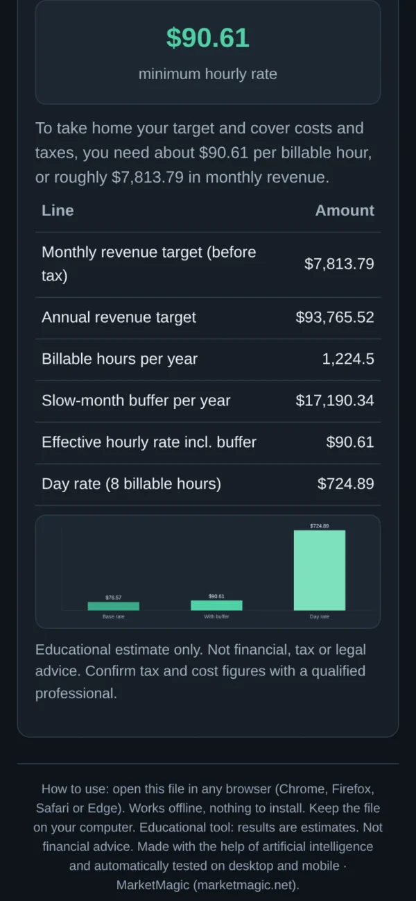 Freelance Rate Calculator — Cover Your Time, Tools and Slow Months: result on a mobile screen