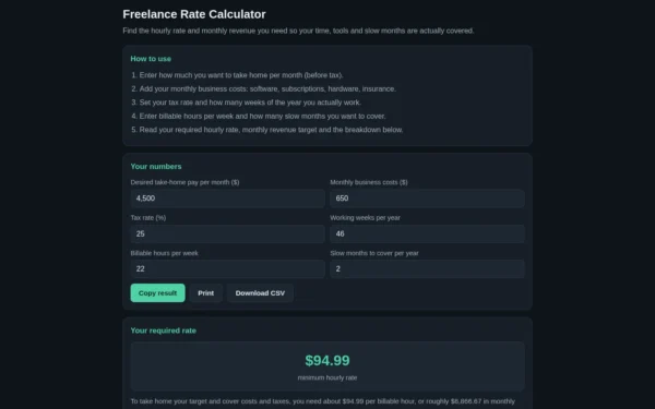 Freelance Rate Calculator — Cover Your Time, Tools and Slow Months: start screen on desktop