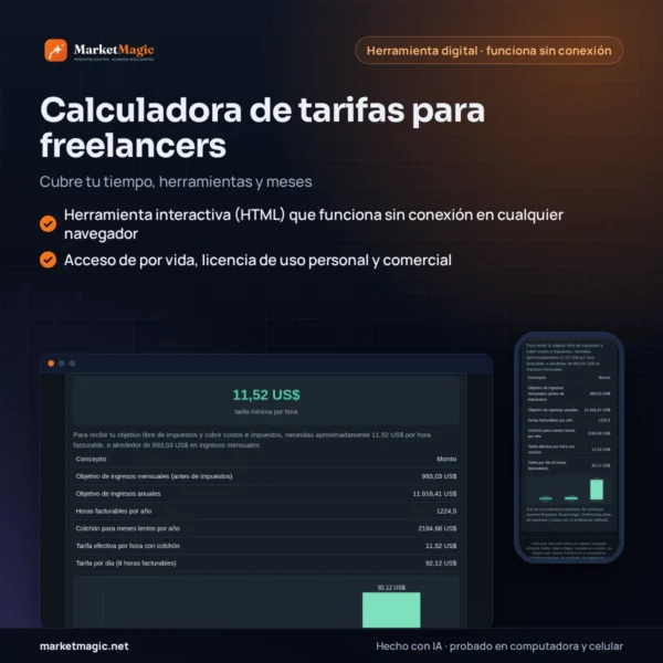 Calculadora de tarifas para freelancers — Cubre tu tiempo, herramientas y meses — portada del producto en MarketMagic