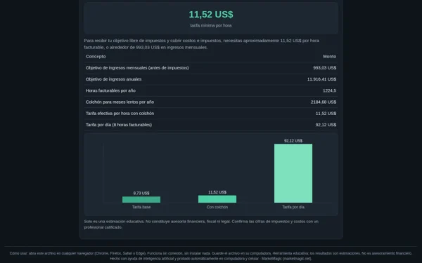 Calculadora de tarifas para freelancers — Cubre tu tiempo, herramientas y meses: resultado calculado en la computadora