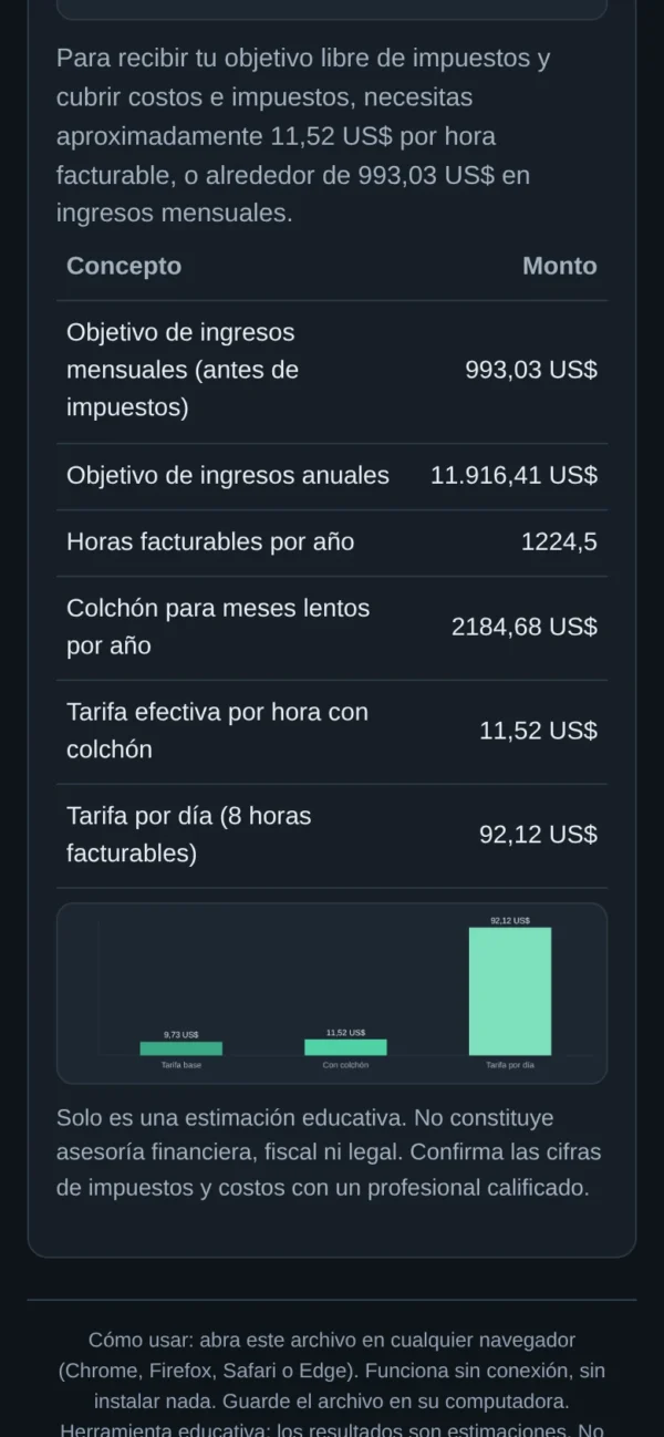 Calculadora de tarifas para freelancers — Cubre tu tiempo, herramientas y meses: resultado en la pantalla del celular