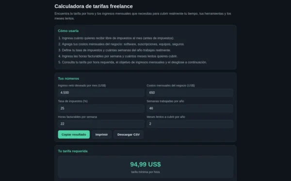 Calculadora de tarifas para freelancers — Cubre tu tiempo, herramientas y meses: pantalla inicial en la computadora