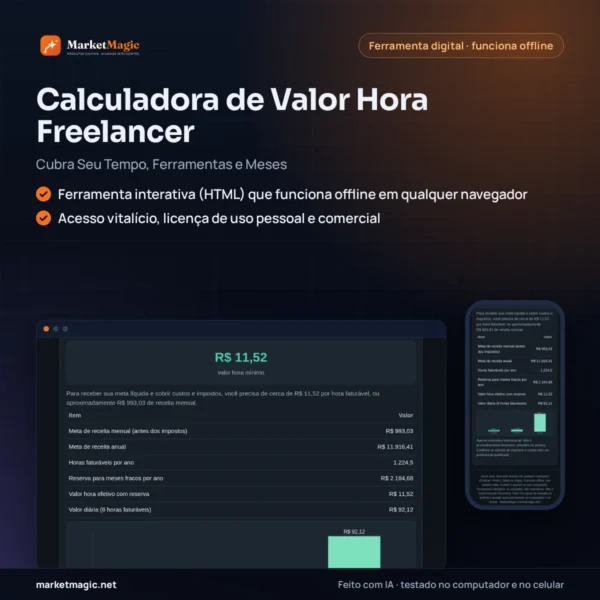 Calculadora de Valor Hora Freelancer — Cubra Seu Tempo, Ferramentas e Meses — capa do produto na MarketMagic
