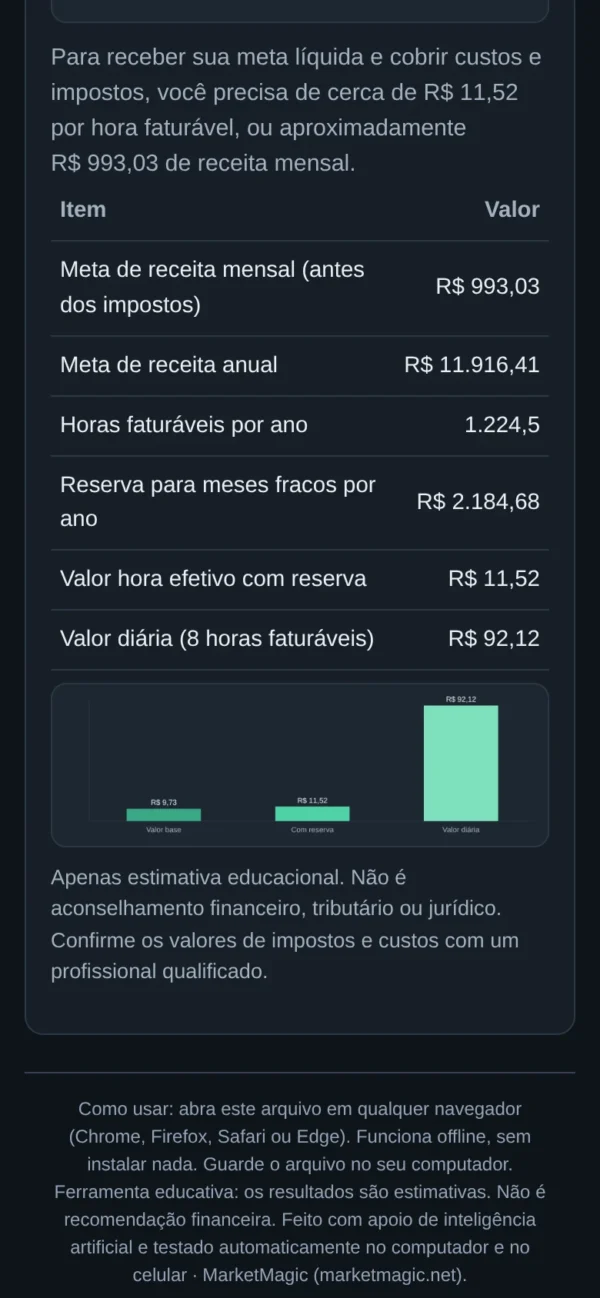 Calculadora de Valor Hora Freelancer — Cubra Seu Tempo, Ferramentas e Meses: resultado na tela do celular