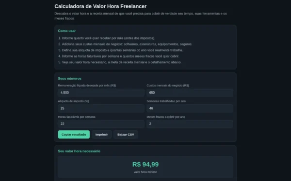 Calculadora de Valor Hora Freelancer — Cubra Seu Tempo, Ferramentas e Meses: tela inicial no computador